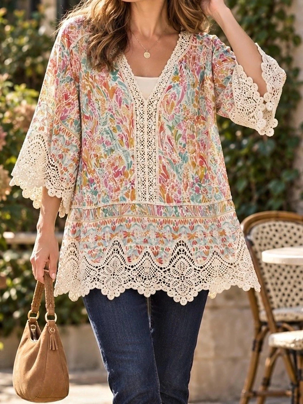 Democracy Floral & Crochet Trim V-Neck Top Tunic Multicolor XL